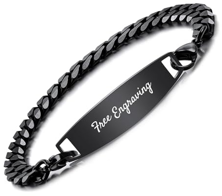 OTXIXTO Individuelle ID-Armbänder für Männer/Frauen Edelstahl Gliederarmband mit Gravur Name/Datum/Text Personalisierte Schwarz Namensschild Armbänder mit 18.3cm Silber & Schwarz Panzerkette
