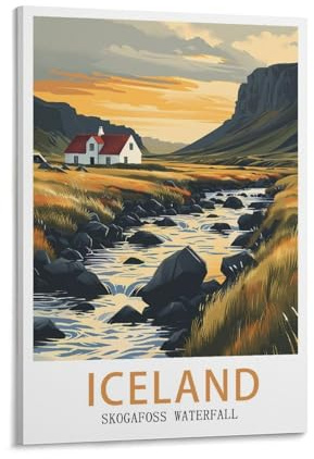 LHJOIUN Island-Skogafoss Wasserfall-Poster, Vintage-Reiseposter, 20 x 30 cm, Kunstdruck auf Leinwand, für Wohnzimmer, Schlafzimmer, Heimdekoration, moderne Kunst