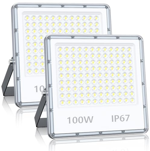 YIQIBRO LED Floodlights 100W 2 Pack - 10000LM 6500K Flood Lights Outdoor Cold White, IP67 Waterproof Mains Powered Security Lighting for Garden, Garage, Patio, Yard