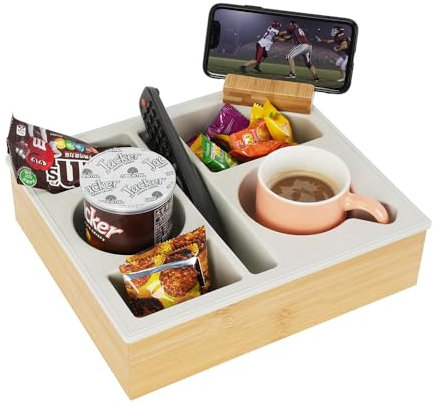 Wotendy Bandeja de Sofá, Bandeja Portavasos para Sofá, Madera Posavasos de Sofá con Soporte para Teléfono para Mando a Distancia de TV, Aperitivos, Bebidas, Teléfono Móvil (Blanco)