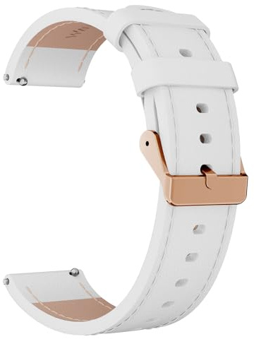 WalkerFit Leder Uhrenarmband 20mm, Lederarmband Smartwatch, Leder Ersatz Armband, Schnellverschluss, Eleganten Ersatzband für Samsung Galaxy Watch/Huawei Watch/Garmin/Fossil, Weiß(RoséGold Schnalle)
