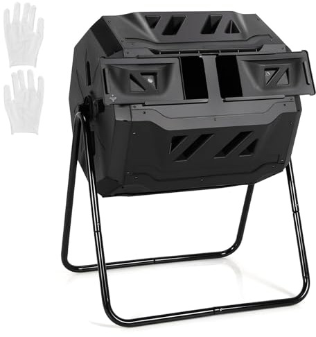 COSTWAY 160L Trommel-Komposter, Gartenkomposter Doppelkammer, 360° drehbar, Kompostschleuder mit 2 Schiebetüren & Handschuhe, Schnellkomposter aus PP & Metall, für Garten Balkon, 70x63x93cm (Schwarz)