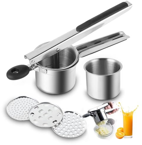 Kartoffelpresse, spaghettieispresse，spätzlepresse Verdicken Edelstahl Kartoffelpressen mit 3 Lochscheiben Mehrzweck-Kartoffelstampfer, für Kartoffelpüree, Babynahrung, Entsaften, Zitrone Auspressen