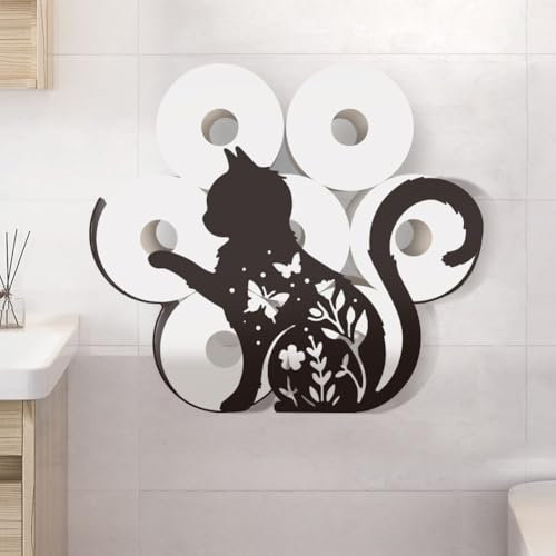 WADORN Black Cat Toilet Tissue Roll Holder, Iron Cat Flower Butterfly Toilet Paper Holder Shelf Animal Paper Toilet Paper Storage for Bathroom Decoration Kitchen Tissue Holder Rack