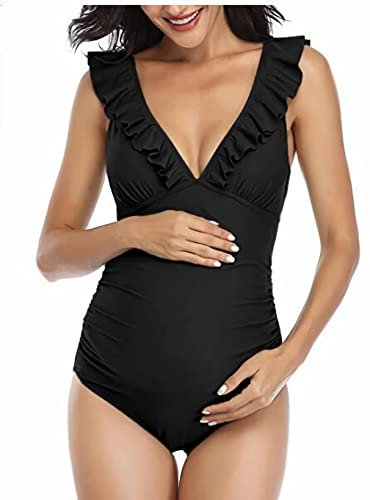 Maillot de Bain Grossesse Femmes Une pièce Bikini Maternité Col en V Maillot de Bain Enceintes avec Coussinet de Poitrine Amovible Froncé Vetement de Plage Piscine Source Thermale Swimwear