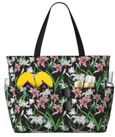 Grand sac de plage imperméable et résistant au sable – Motif fleurs de lys noir et rose – Joli sac fourre-tout de plage pour femme avec fermeture éclair