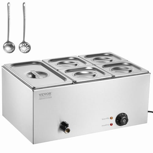 VEVOR Chauffe-Plat Buffet à 5 Bacs, Bain-Marie Électrique 14,5 L 1200 W, Buffet Chauffant en Acier Inoxydable, Température Réglable 30-85 °C, pour Réchauffer Les Aliments Restauration Soirée Fête