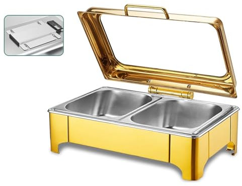 Chafing Dish Gold Piano di Cottura in Acciaio Inox, con Controllo della Temperatura Buffet Elettrico a Tenuta Stagna con Coperchio in Vetro Trasparente(13.5L/2)
