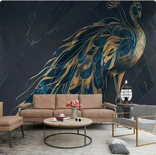 pdghsdkgjh Art Wallpaper 3D Golden Peacock Dark Black Mural Wall Paper Room Home Decor