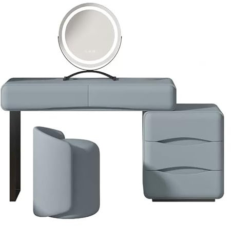 Kosmetik-Set mit 360° drehbarem Spiegel, verstellbarer Schminktisch, Faserleder-Finish, Beistellschrank und Hocker, Blau (80 cm)