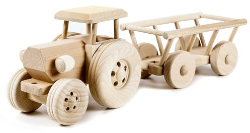 Holzfee Traktor mit Hänger Holz 44 cm Holzspielzeug Trecker