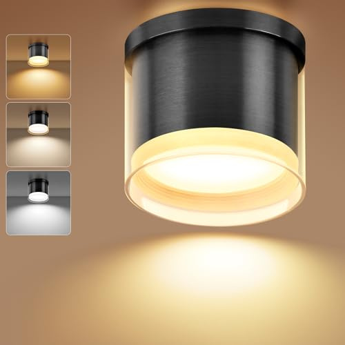 GeyouLux LED Aufbauspot Ø90×86mm Deckenspots 3CCT Aluminium LED Aufbaustrahler inkl. 7W 800LM GX53 LED Leuchtmittel Aufputz Spots Deckenstrahler 3000K/4000K/6500K Schwarz Rund 1 Stück