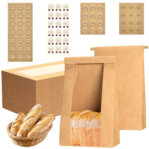 60Pcs Paper Bread Bags, XingyLi Large Brown Bakery Bag with Window Tin Tie Tab Lock, Kraft Food Packaging with 60 Seal Stickers, Sourdough Bread Toast for Sandwiches (14.1''X9.7''X3.5'')