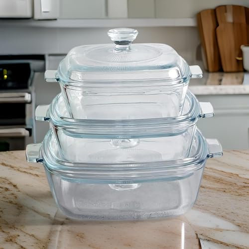Housetronics 3 PCS Square Clear Glass Casserole Oven Dishes With Lid Oven Proof Microwave Freezer Safe With Handles (0.8/1.2/1.5 Ltr)