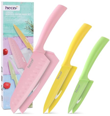hecef Kitchen Knife Set of 3 - Colorful Knives with Blade Covers | Stainless Steel, Non-Stick Coating, Paring Utility & Santoku Knives for Daily Food Prep
