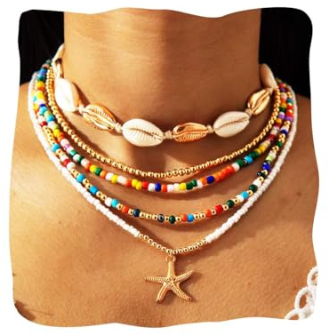 Collar bohemio con cuentas en capas y gargantilla de concha dorada, colgante de estrella de mar para mujer, talla única