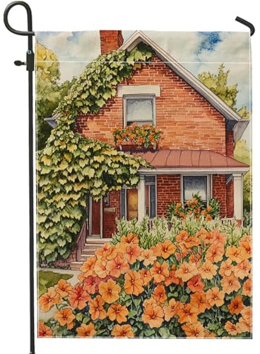 Encantadora bandera de jardín floral de otoño, flores de pensamiento naranja, decoración de casa de ladrillo, bandera de jardín de tela de doble cara, decoración de césped al aire libre, 12 x 18