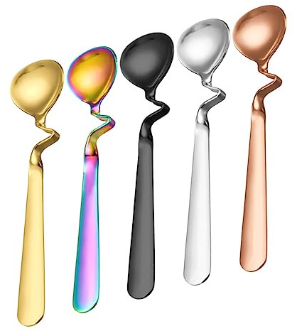 BESTYASH Lot De 5 Cuillères à Dessert Multi-usages En Acier Inoxydable, Manches Incurvés S, Finition Colorée, Cuillères à Glace Et Pudding, Pratique Pour Café, Pâtisseries Et Tasses Suspendues