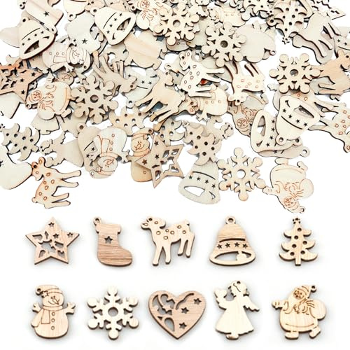 CUVZORA 100 Stück Streudeko Weihnachten, Streudeko Holz, Holzsterne Blank Holz Scheiben, Weihnachten Hackschnitzel für Tischdeko, DIY Weihnachtsdekoration, Christbaumschmuck