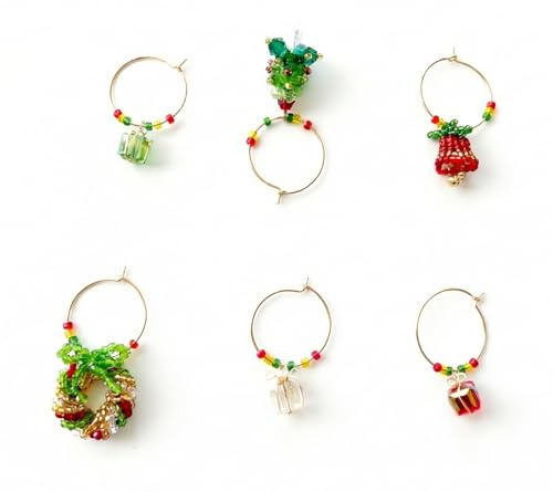 PRK 14 Xmas Wine Glass Charms Drink Markers for Party Christmas Dinner Handmade Table Decorations Gift Ideas (Set of 6)