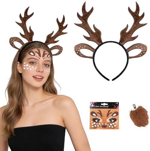 Spetsbst Reh Kostüm Damen Haarreif Karneval Kostüm Damen Mädchen, Geweih Kopfschmuck mit Gesichtstattoo Hirschschwanz, Reh Fasching Set für Fasching Mottoparty Cosplay Karneval Weihnachten Halloween