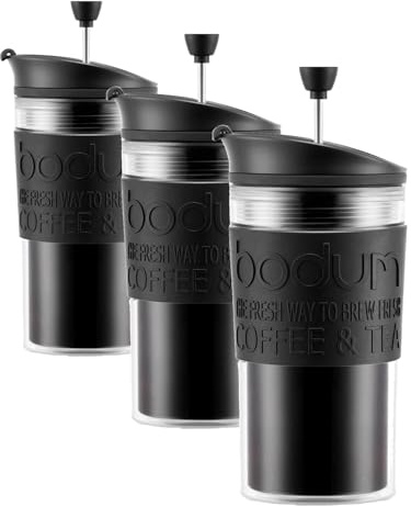 Bodum - K11102-01 - Travel Press Set - Mug à Piston Isotherme Double Paroi Plastique + 2ème Couvercle - 0.35 L - Noir (Lot de 3)