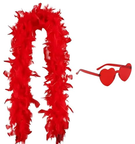 Federboa, 2M Federschal Kostüm Zubehör Flauschige Federboa mit Partybrille Feder Boas für Frauen Turkey Feather Boas Dekorieren für Hochzeit,Ankleiden Party, Cosplay,Karneval(Rot)
