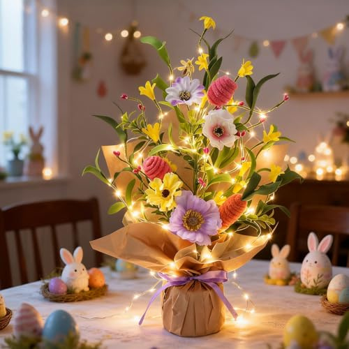 Osterdeko Baum Lichter, Ostereierbaum mit LED Lichterkette, Künstlich Osterbaum mit Bunt Ostereier, Karotte und Blumen, LED Ostern Deko Baum Innen Frühlingsdeko Lichterbaum für Party Oster Tischdeko