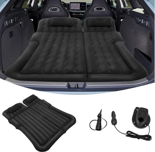 Lunicasha Matelas de voiture, Matelas gonflable avec pompe à air et 2 oreillers, Matelas gonflable SUV double face plus épais portable, Lit gonflable pour coffre arrière, camping, voyages (Noir)