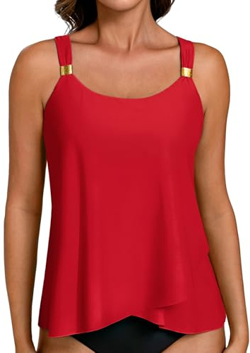 Hanna Nikole Tankini Top for Women,Adjustable Straps Blouson Swimsuit Top Only,Flowing Hem Bathing Suit Top,U Neck Swimming Costume Top with Pad Dark Red XXL