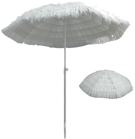 Genérico Sombrilla Redonda 2,0 m Techo de Paja Blanca Ajustable en Altura e Inclinación Jardín Playa Terraza Café Resistente UV