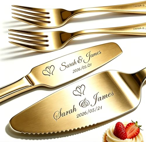 Juego de cuchillo y pala para pastel de boda con texto personalizado incluye tenedores de acero inoxidable regalo para bodas aniversarios compromisos cumpleaños navidad fiestas (oro2)
