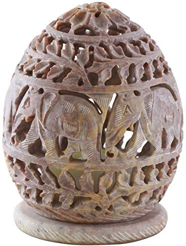 10.2 cm Candle Tealight Holder with Hand Carved Elephant and Tendrils Votive Holders Soapstone Elephant Figurines Decorative Centerpiece Tea Light Lantern for Home Garden Office