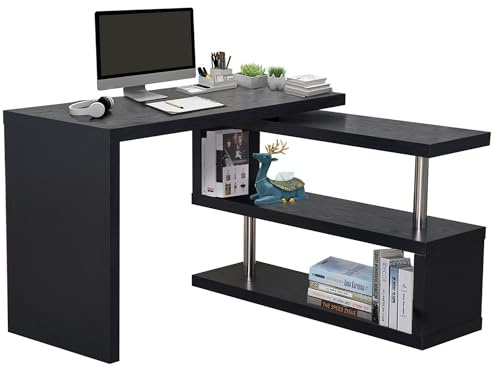 HOMCOM 360° Rotating L-Shaped Corner Computer Desk Home Office Writing Table Swivel Workstation with Storage Shelf, Black