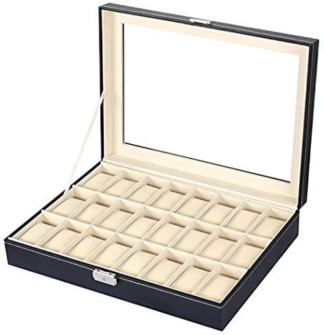 Sinoba Uhrenkoffer Uhrenbox Schaukasten Uhrenkasten Uhrenvitrine für 24 Uhren Leder-Look Echtglas-Fenster