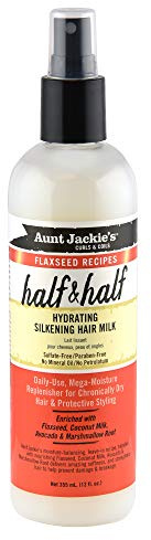 Aunt Jackie's Flaxseed Recipes Half & Half, Hydrating Silkening Hair Milk, For Daily Use, Enriched with Flaxseed, Coconet, Jojoba Oil, Shea Butter, Grapeseed and Ginseng, 12 Ounce Spray Bottle