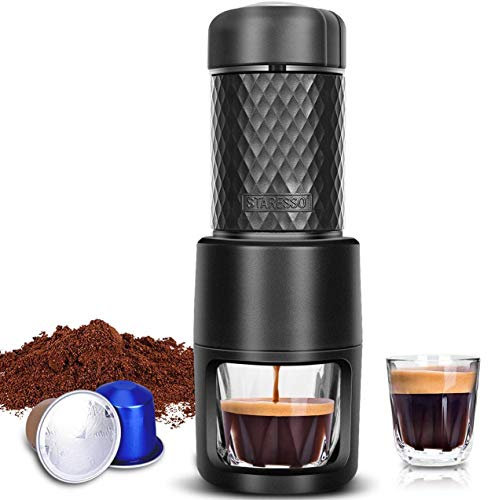 STARESSO Machine à café manuelle, à expresso, pour l’extérieur, cappuccino, camping, randonnée, voyage, déplacement noir