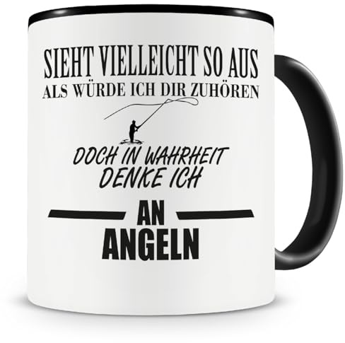 Samunshi® Ich denke an Angeln Tasse Kaffeetasse Teetasse Kaffeepott Kaffeebecher Becher 300ml schwarz
