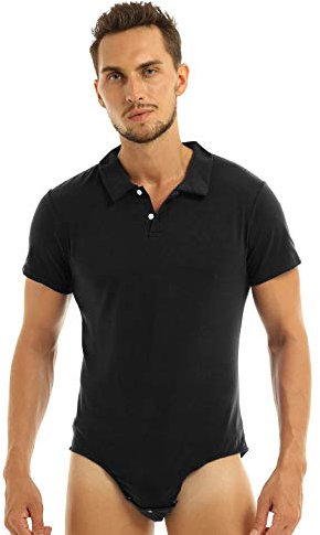 Agoky Herren Body Männer Einteiler Unterwäsche Kurzarm Unterhemd Polokragen T-Shirt Einfarbig Baumwolle Tops und Ouvert Slip mit Knöpfe im Schritt Polohemd Schwarz L