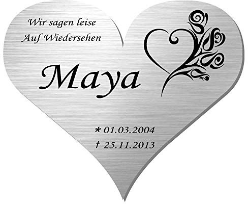 Edelstahl Tiergedenktafel mit Lasergravur - Grabschild * Modell Maya | Grabschmuck, Gedenktafel für Hunde, Katzen und andere Tiere, Größe ca. 120 x 100 mm in Herzform