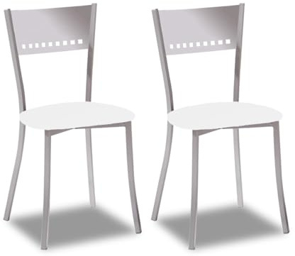 2 Sillas metálicas con respaldo de escalera y asiento tapizado - Estructura color aluminio - Asiento en Polipiel blanca