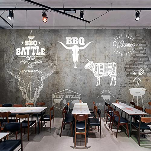 Yimesoy Benutzerdefinierte 3D Wasserdichte Tapete 3D Retro Steak Restaurant Rindfleisch Hotpot Restaurant Zement Wandmalereien Wohnkultur 400Cm(W)×280Cm(H)