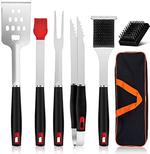BBQ Accessories, Onader 7PCS Stainless Steel Barbecue Tools Set for Men, Outdoor Grill Utensils Set with Storage Bag for Cooking Camping Grilling, Heavy Duty & Dishwasher Safe, Heat Resistant