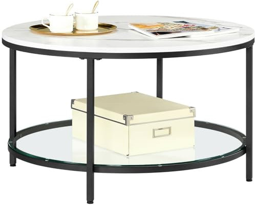 VASAGLE Couchtisch, Wohnzimmertisch, Sofatisch, für Wohnzimmer, mit Glasplatte, viel Stauraum, einfacher Aufbau, moderner Stil, marmorweiß-tintenschwarz LCT071B13