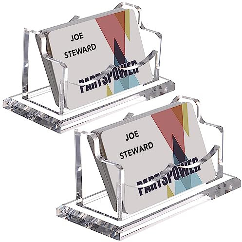 PARTSPOWER 2 Packs Acrylic Business Card Holders for Desk, Horizontal Clear Business Name Card Display Stand, Desk Accessory Business Name Card Organizer (Horizontal, 1-Slot)