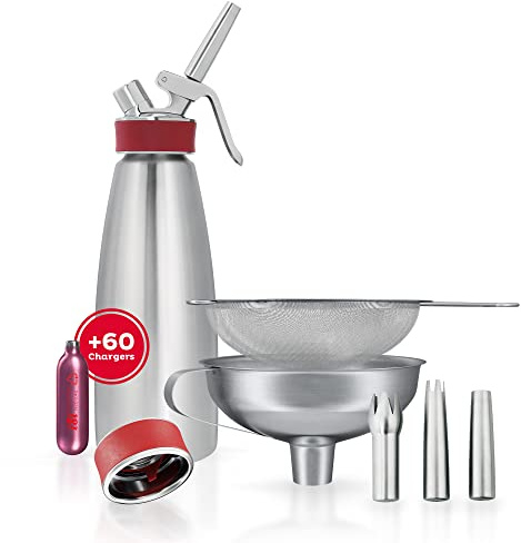 iSi - Distributeur de crème Gourmet Whip 1L + 6 x 10 Capsules de crème + Buses en INOX + Entonnoir + Tamis + Bouchon fouetteur dans Un Set - pulvérisateur de crème pour crème, soupes & Desserts
