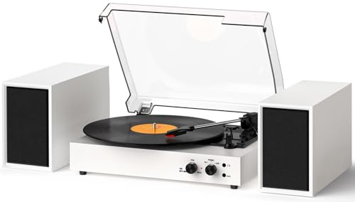 Bluetooth Record Player with External Stereo Speakers, Vintage 3-Speed Turntable | PC Recording Vinyl to MP3 | RCA Headphone Output & AUX Input for External Audio, White