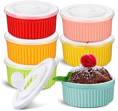 Lot de 6 ramequins en porcelaine avec couvercles, 236,8 g, passent au four, pour crème brûlée, soufflé, avec couvercles pour four, bols empilables en céramique avec couvercle, plats de cuisson, tasses