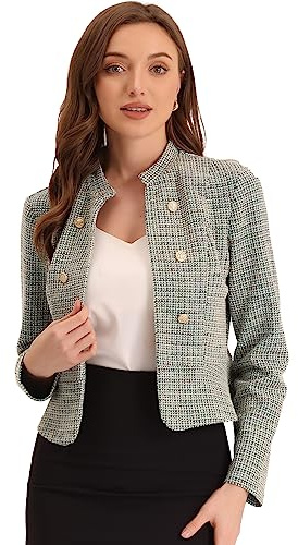 Allegra K Giacca corta vintage in tweed da donna, con colletto alla coreana, per lavoro, ufficio, apertura frontale, Beige, M