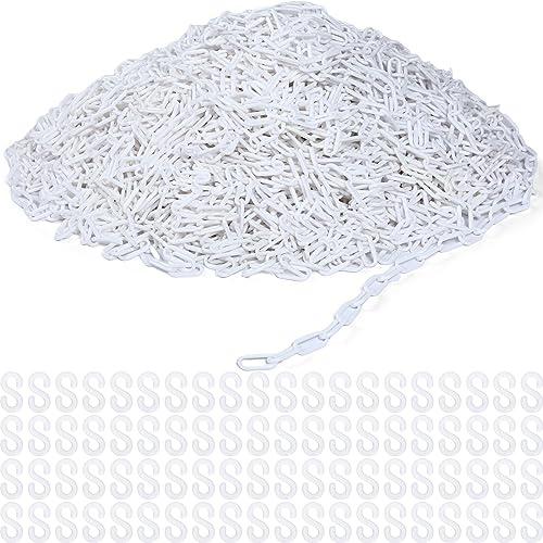 Geelin 600 ft Plastic Chain Barrier Security Safety Chain Weatherproof Decorative Chain Link Fence with S Hooks for Driveway Crowd Control Areas Entrance Garden Queue Line Parking(White)